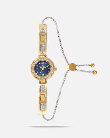 ساعة نسائية كاجوال لون ذهبي فضي مينا أزرق