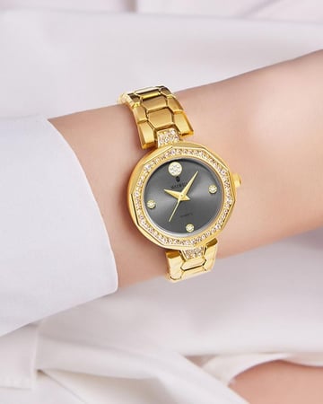 ساعة يد ذهبية للنساء بإطار مزخرف بالزركون ومينا رمادي