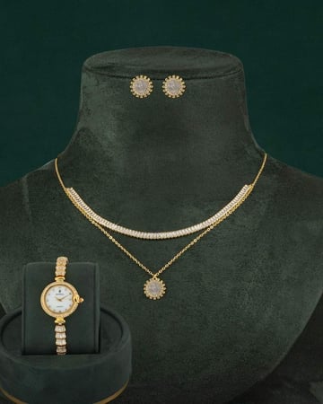 طقم نسائي فاخر ساعة ذهبية مع سلسال و حلق مرصعات بالزركون