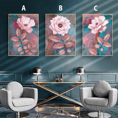 لوحات فن تجريدي لورود باللون الوردي الفاتح بخلفية درجات التركواز