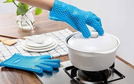 قفاز مقاوم للحرارة والبرودة للطهي والشواء من السيليكون المقاوم للماء ومقاوم للحرارة، - أزرق