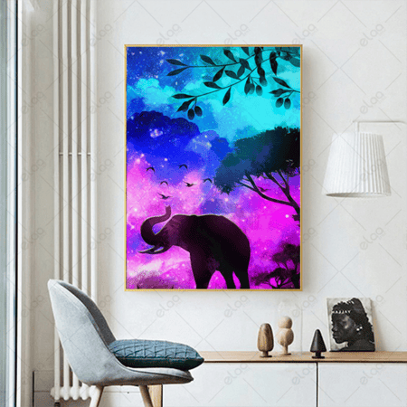 لوحة فن تجريدي لفيل بخلفية مدرجة ازرق ووردي