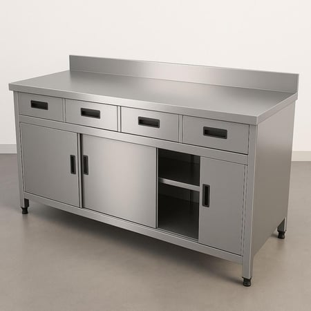 طاولة عمل ستانلس ستيل 200 سم بأدراج وأبواب منزلقة للمطابخ والمطاعم