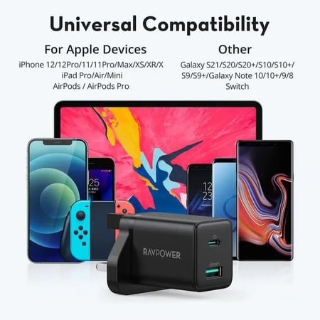 فيش جداري شاحن حائط بمنفذين راف باور 20 واط بي دي RAVPower RP-PC168 PD 20W 2-Port Wall Charger