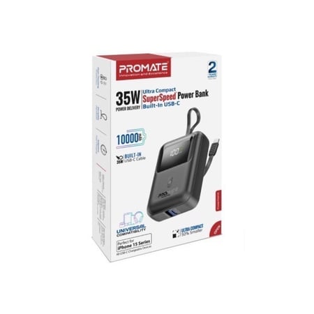 أصغر بطارية 10000 ميلي أمبير في العالم بقدرة 35 واط PD مع كيبل USB-C ومنفذ شحن سريع QC 3.0 وشاشة رقمية - Promate PowerPod-10