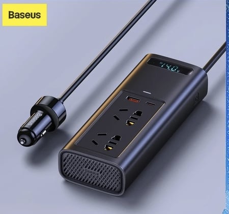 توصيلة سيارة بيسوس بقوة 150 واط و220 فولت بمنفذ تايب سي ومنفذ USB ومنفذين طاقة - اسود