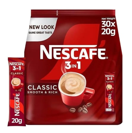 نسكافيه سريعة التحضير كلاسيك 3في1 سلس وغني كيس 30ظرف( 20جرام)   Nescafe Classic 3in1 Instant Coffee Smooth & Rich 30 Sachets  (20g)