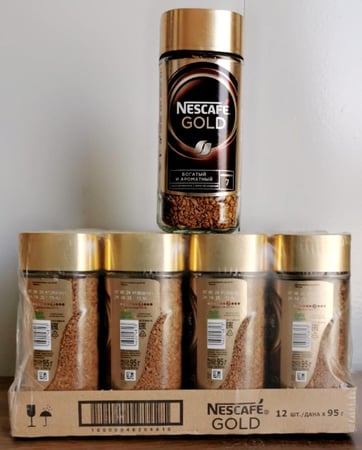 كرتون نسكافيه قهوة سريعة التحضير قولد 95جرام روسي شد12 زجاجه  Nescafe Gold Instant Coffee 95g  Carton, 12 Bottles