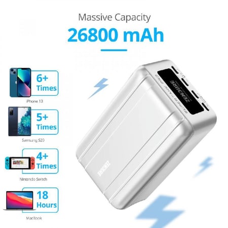 شاحن متنقل زندور 26800 ملي امبير سوبر تانك برو - فضي - 100 واط - شاشة OLED