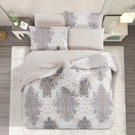 مفارش سرير صيفية مزدوج وجهين ٧ قطع - ابيض بيج - مفارش ميلين