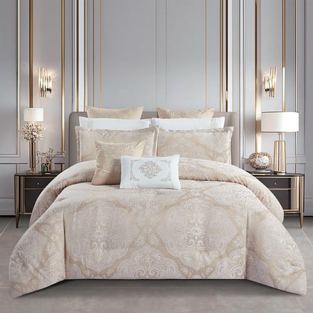 سعر مفرش سرير صيفي مزدوج جاكار 12 قطعه بيج فاتح - مفارش ميلين