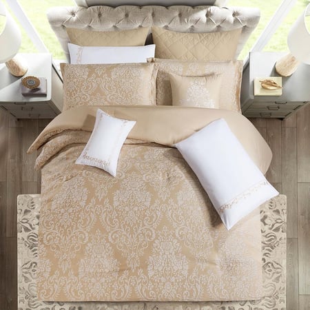 احسن مفارش كوين صيفي فاخر جاكار مطرز 8 قطع - بيج - مفارش ميلين