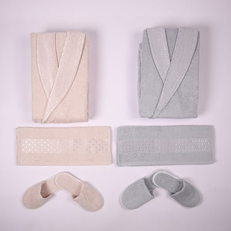 طقم روب نسائي قطن بلغاري 8 قطع - جاردن -بيج فاتح - أزرق ضبابي