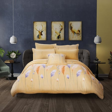 مفرش مزدوج شتوي 7 قطع فلانو - اصفر - مشجر - ميلين