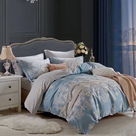 مفرش قطن صيفي مزدوج 6 قطع - أوسلو - أزرق- رمادي فاتح