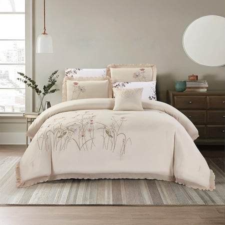 شراء مفرش سرير صيفي نفرين مطرز فاخر 7 قطع بيج فاتح - مفارش ميلين