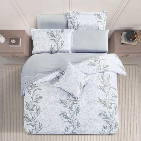 مفارش كوين صيفي وجهين ٧ قطع ويلز - ابيض رصاصي - مفارش ميلين