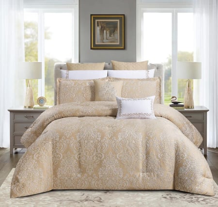 مفارش كوين صيفي فاخر جاكار مطرز 8 قطع - بيج - مفارش ميلين