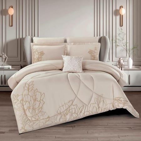 مفرش صيفي مطرز مزدوج 7 قطع - ليليانا - بيج فاتح