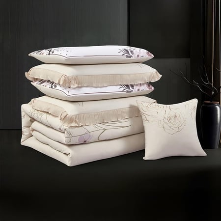 أسعار مفرش سرير صيفي نفرين مطرز فاخر 7 قطع بيج فاتح - مفارش ميلين