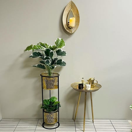 مركن ستاند ذهبي زرع صناعي طبيعي حديد سلل متقن ورد ستاند ورد اسود فن