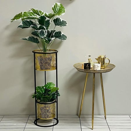 متجر كندة للتحف والديكورات ستاند زرع صناعي طبيعي ذهبي اسود سلل