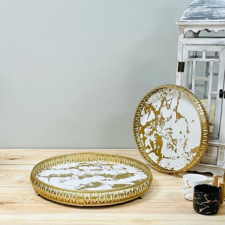 طقم صواني تقديم حديد نقشة رخام مستلزمات مطبخ وتقديم رمضان ضيافه وتقديم