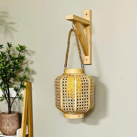 فانوس خشب و خيزران بحبل تعليق وزجاجة للشمعة فوانيس ديكورات رمضان إضاءة