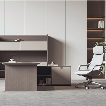 مكتب باللون الخشبي البني و البيج وكرسي