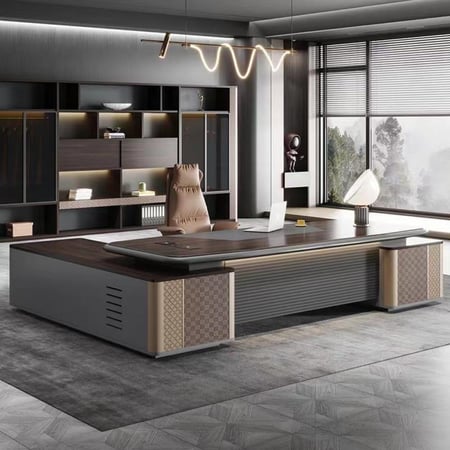 مكتب اداري باللون الخشبي البني مع اضاءة امامية