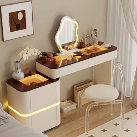 طاولة تزيين خشبية عصرية مع مرآة LED وخيارات تخزين متعددة