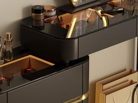 طاولة تزيين خشبية عصرية مع مرآة LED وخيارات تخزين متعددة