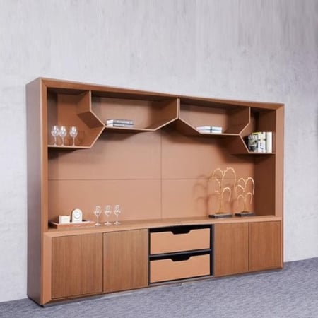 خزانة بني بتفاصيل جلد بتصميم مودرن أنيق وفخم للمكاتب.