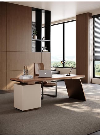 مكتب خشبي فاخر مع قاعدة باللون البيج على طراز كريمي أنيق.