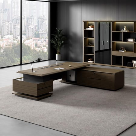 مكتب باللون الخشبي البني مع خزانة متطابقة