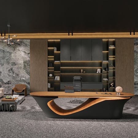 مكتب تصميم إيطالي فاخر وعصري باللون الأسود.