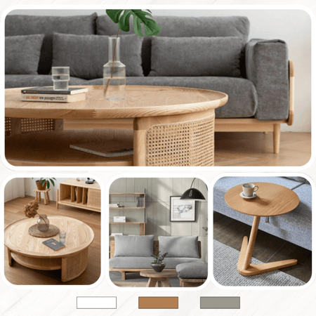 غرفة معيشة بتصميم مودرن تتكون من كنب و طاولة قهوة و طاولات جانبية