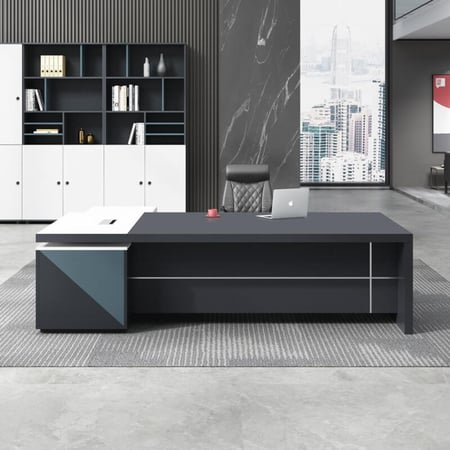 مكتب باللون الاسود واللون الازرق والابيض مع خزانة متطابقة