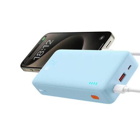 باور بانك من بيسوس سعة 20000 ملي امبير بطارية متنقلة تعمل بقوة 20 واط  يحتوي على ثلاثة منافذ يدعم الشحن السريع - سماوي