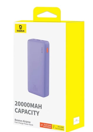 باور بانك من بيسوس سعة 20000 ملي امبير بطارية متنقلة تعمل بقوة 20 واط  يحتوي على ثلاثة منافذ يدعم الشحن السريع - بنفسجي