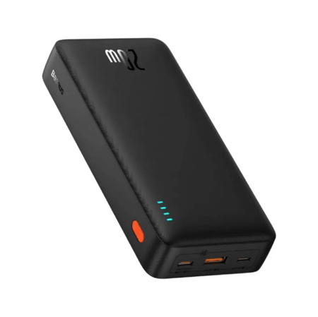 باور بانك من بيسوس سعة 20000 ملي امبير يعمل بقوة 20 واط  يحتوي على ثلاثة منافذ يدعم الشحن السريع - اسود