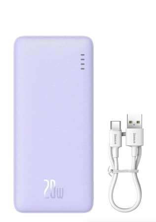 باور بانك من بيسوس سعة 20000 ملي امبير بطارية متنقلة تعمل بقوة 20 واط  يحتوي على ثلاثة منافذ يدعم الشحن السريع - بنفسجي