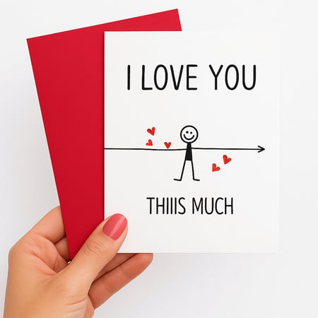 بطاقة حب بعبارة I LOVE YOU THIIIS MUCH مع شخصية كرتونية وظرف أحمر