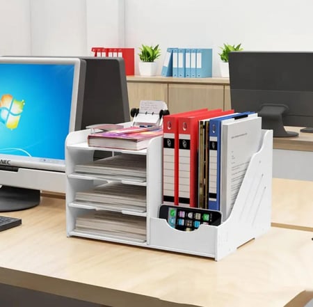 منظم مكتبي بلاستيكي أبيض - متين مع رفوف مفتوحة، تصميم عمودي موفر للمساحة في المكاتب