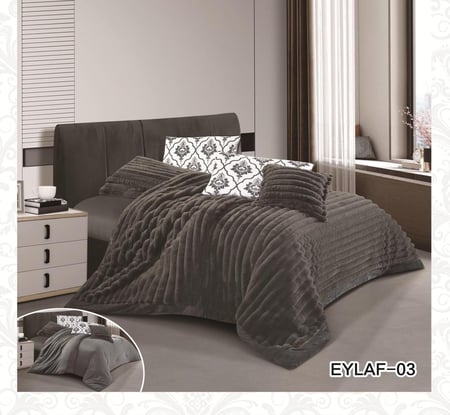 مفرش شتوي نفرين ثقيل 7 قطع مخمل وفرو مقلم / ايلان