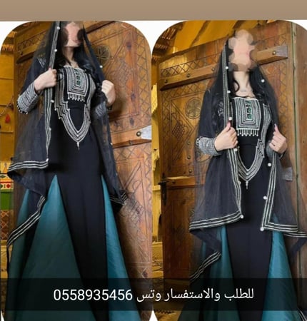 جلابيات يوم التأسيس جلابيه انيقه طويل مع الطرحه لون كحلي  خامه كريب +تطريز يدوي عسيري