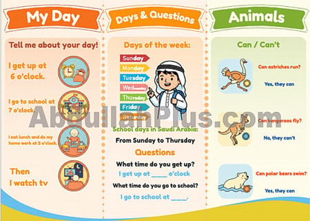 مطوية My Day, Animals, Places - لغة إنجليزية ثاني ابتدائي (PDF)