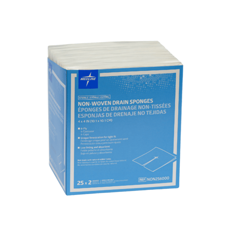 شاش تصريف معقم غير منسوج منميدلاين Medline.  مقاس 4 × 4 بوصة (10.1 × 10.1 سم).