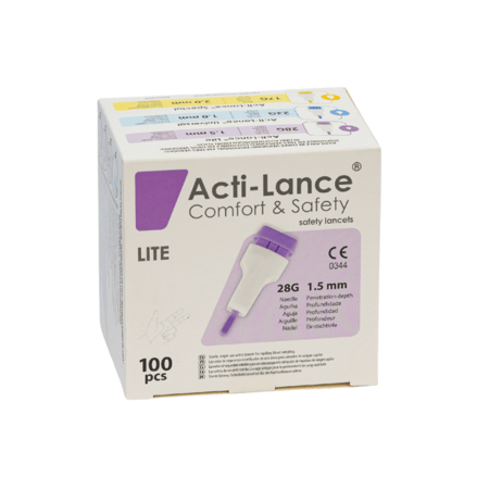 إبر اختبار آمن Acti-Lance – مقاس 28G – 100 قطعة | إبر دم معقمة للاستعمال مرة واحدة