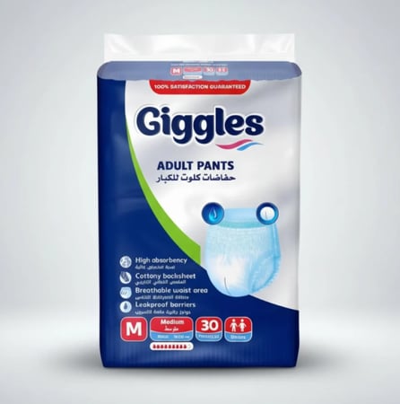 حفاضات جيجلز كلوت للكبار مقاسات – 30 قطعة مع مؤشر بلل وتحكم بالروائح